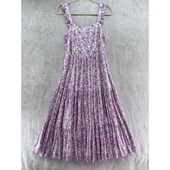 Haute Hippie Dress Womens M White Purple Floral Tiered Midi Smocked Cottage Boho - Picture 2 of 16